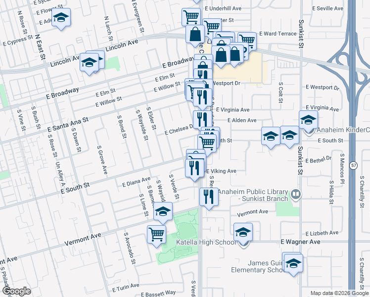 map of restaurants, bars, coffee shops, grocery stores, and more near 1902 East Savoy Avenue in Anaheim