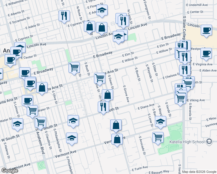 map of restaurants, bars, coffee shops, grocery stores, and more near 537 South Dawn Street in Anaheim