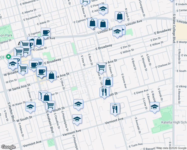 map of restaurants, bars, coffee shops, grocery stores, and more near 26 East Santa Ana Street in Anaheim