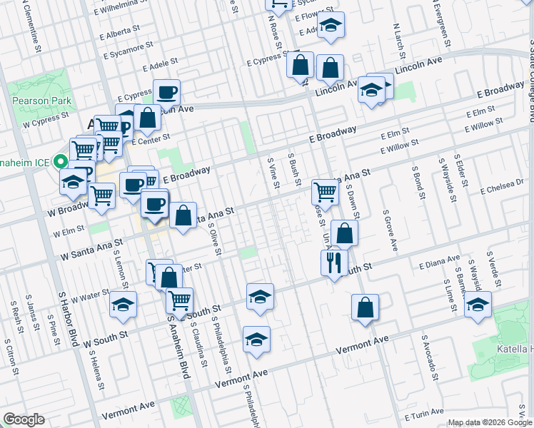 map of restaurants, bars, coffee shops, grocery stores, and more near 521 S Motif Street in Anaheim
