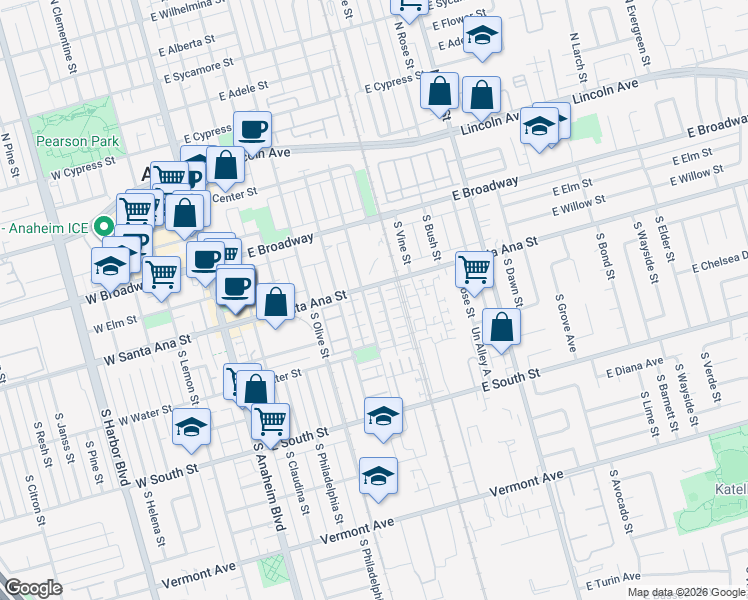 map of restaurants, bars, coffee shops, grocery stores, and more near 503 South Casita Street in Anaheim