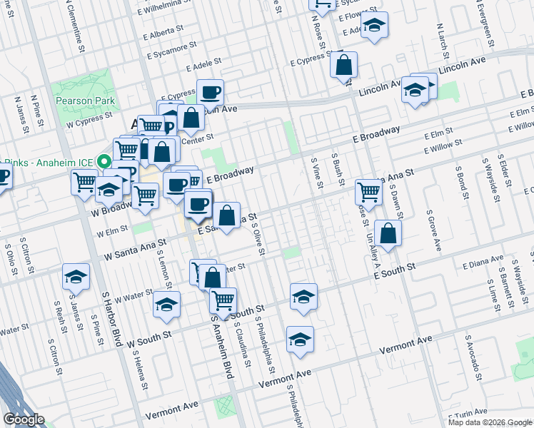 map of restaurants, bars, coffee shops, grocery stores, and more near 428 South Melrose Street in Anaheim