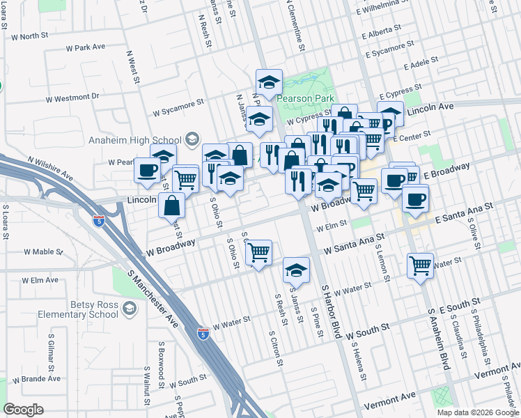 map of restaurants, bars, coffee shops, grocery stores, and more near 540 West Chestnut Street in Anaheim