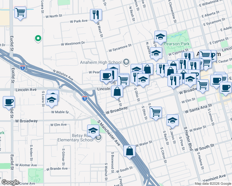 map of restaurants, bars, coffee shops, grocery stores, and more near 113 South West Street in Anaheim