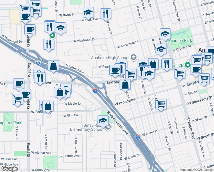 map of restaurants, bars, coffee shops, grocery stores, and more near 1233 West Center Street in Anaheim