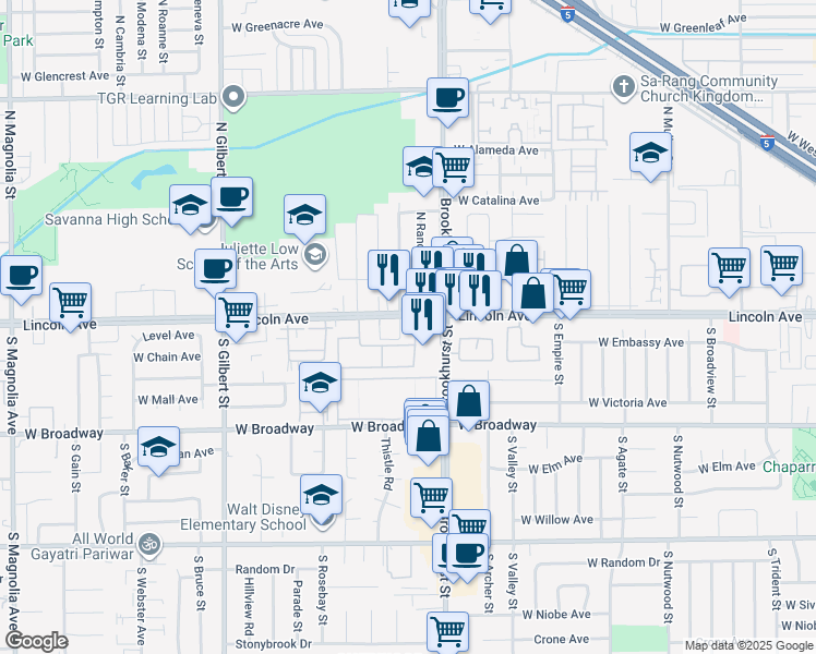 map of restaurants, bars, coffee shops, grocery stores, and more near 2230 West Lincoln Avenue in Anaheim