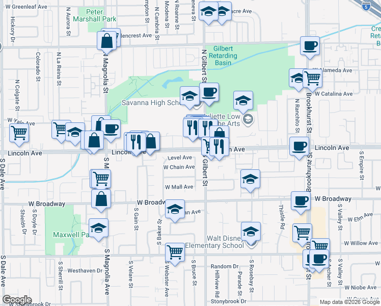 map of restaurants, bars, coffee shops, grocery stores, and more near 2425 West Lincoln Avenue in Anaheim