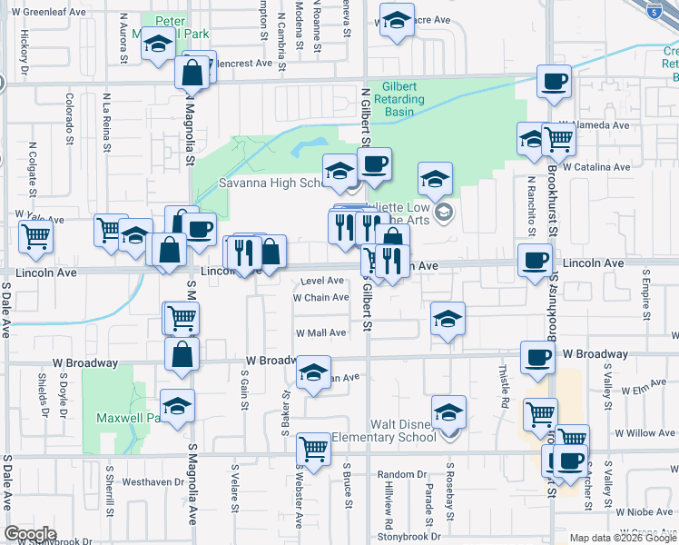 map of restaurants, bars, coffee shops, grocery stores, and more near 2425 West Lincoln Avenue in Anaheim
