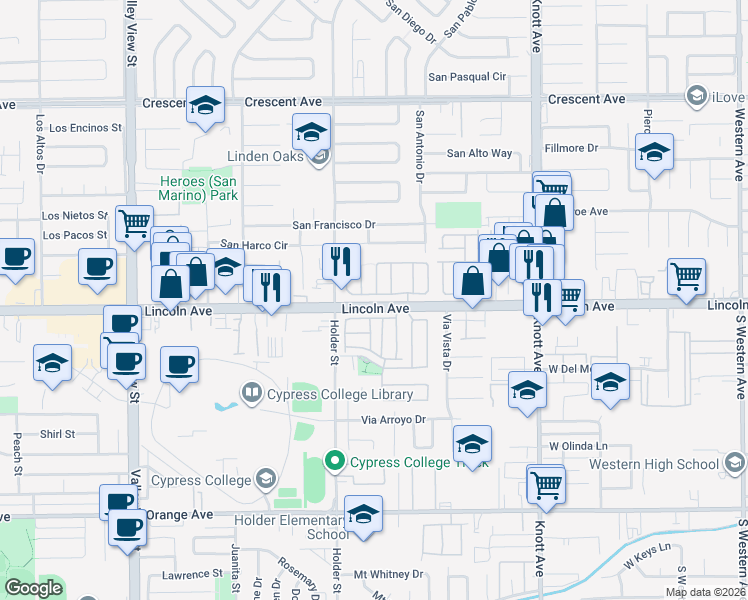 map of restaurants, bars, coffee shops, grocery stores, and more near 10 Cannery in Buena Park