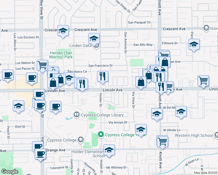 map of restaurants, bars, coffee shops, grocery stores, and more near 10 Cannery in Buena Park