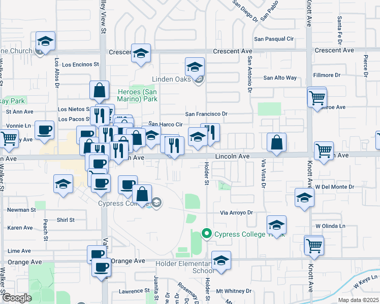 map of restaurants, bars, coffee shops, grocery stores, and more near 8961 San Salvador Circle in Buena Park