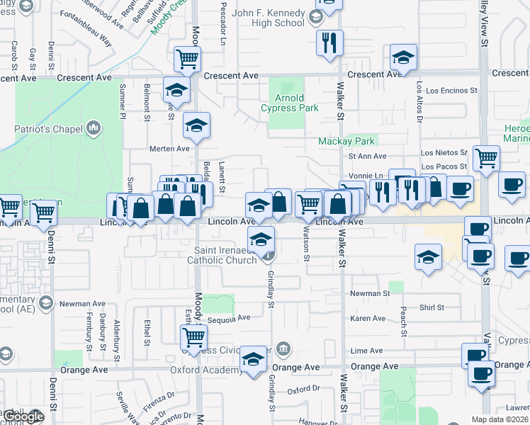 map of restaurants, bars, coffee shops, grocery stores, and more near 5241 Lincoln Avenue in Cypress
