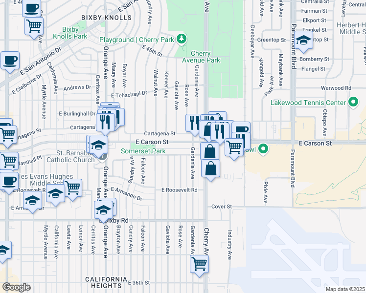map of restaurants, bars, coffee shops, grocery stores, and more near 1726 Cartagena Street in Long Beach