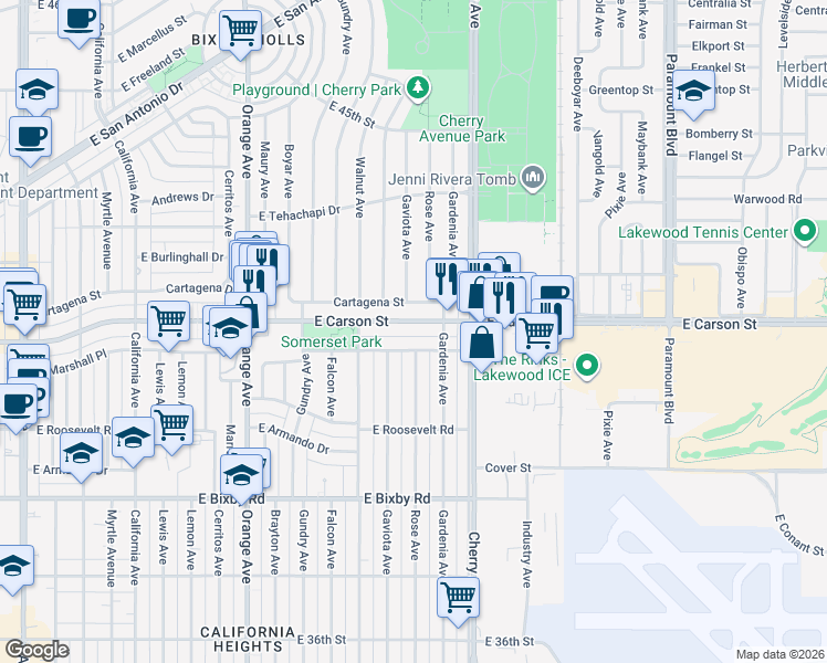 map of restaurants, bars, coffee shops, grocery stores, and more near 1726 Cartagena Street in Long Beach
