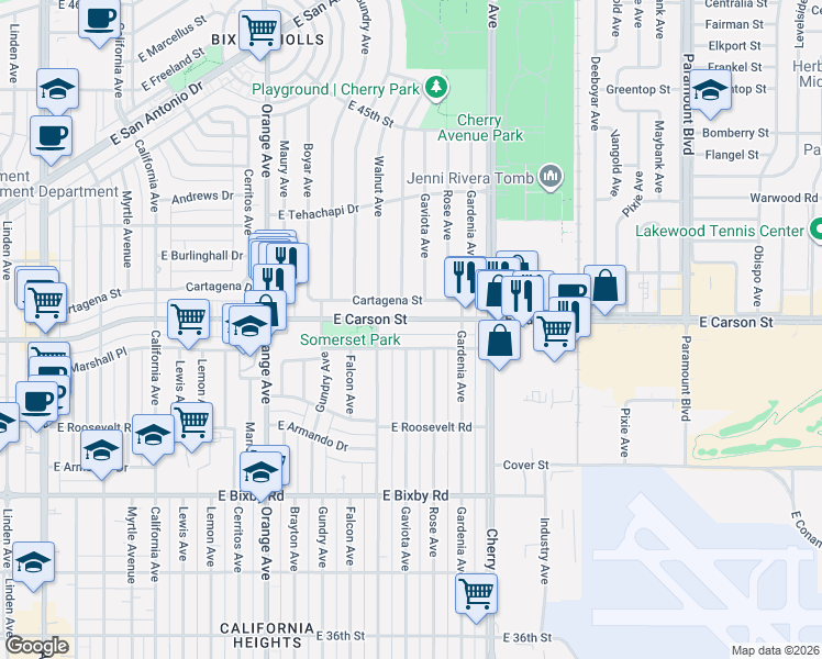 map of restaurants, bars, coffee shops, grocery stores, and more near 1726 Cartagena Street in Long Beach