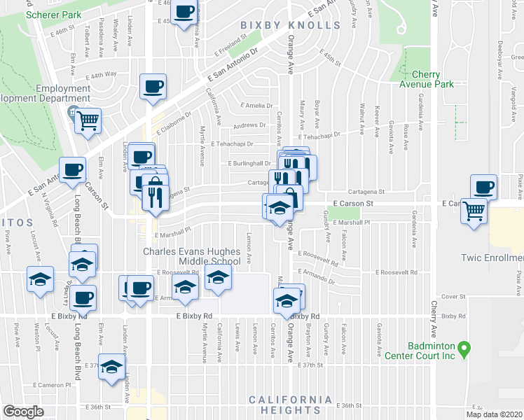 map of restaurants, bars, coffee shops, grocery stores, and more near 1149 East Carson Street in Long Beach