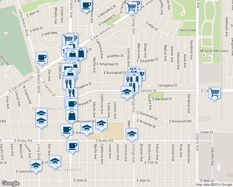 map of restaurants, bars, coffee shops, grocery stores, and more near 1061 East Carson Street in Long Beach