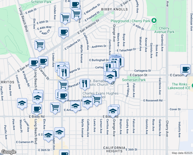 map of restaurants, bars, coffee shops, grocery stores, and more near 1061 East Carson Street in Long Beach