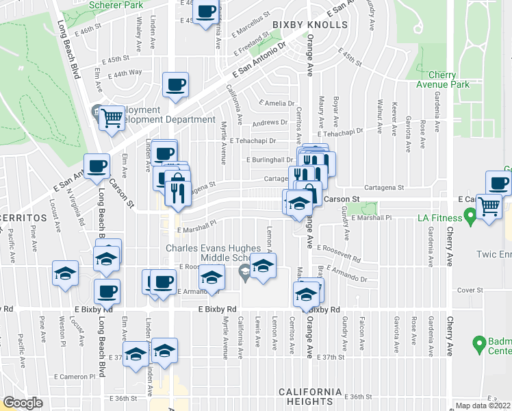 map of restaurants, bars, coffee shops, grocery stores, and more near 1061 East Carson Street in Long Beach