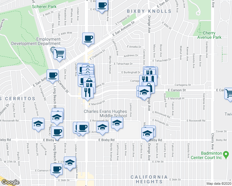 map of restaurants, bars, coffee shops, grocery stores, and more near 1007 East Carson Street in Long Beach