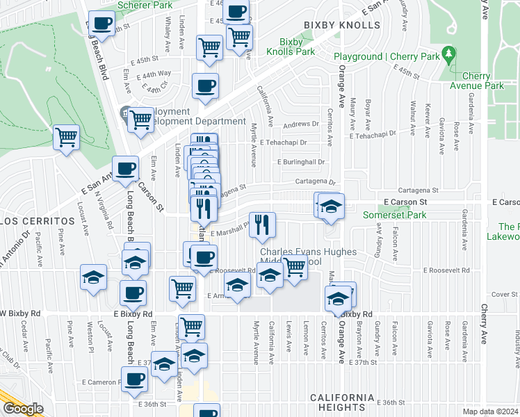 map of restaurants, bars, coffee shops, grocery stores, and more near 835 East Carson Street in Long Beach