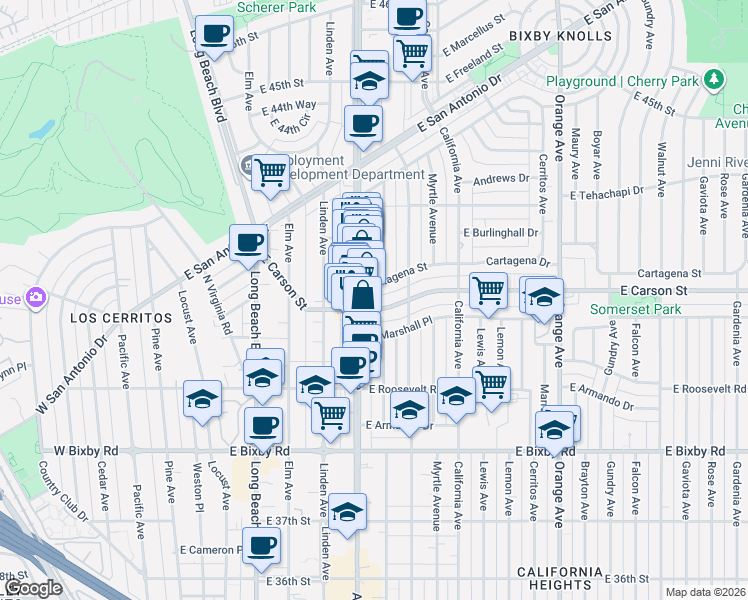 map of restaurants, bars, coffee shops, grocery stores, and more near in Long Beach
