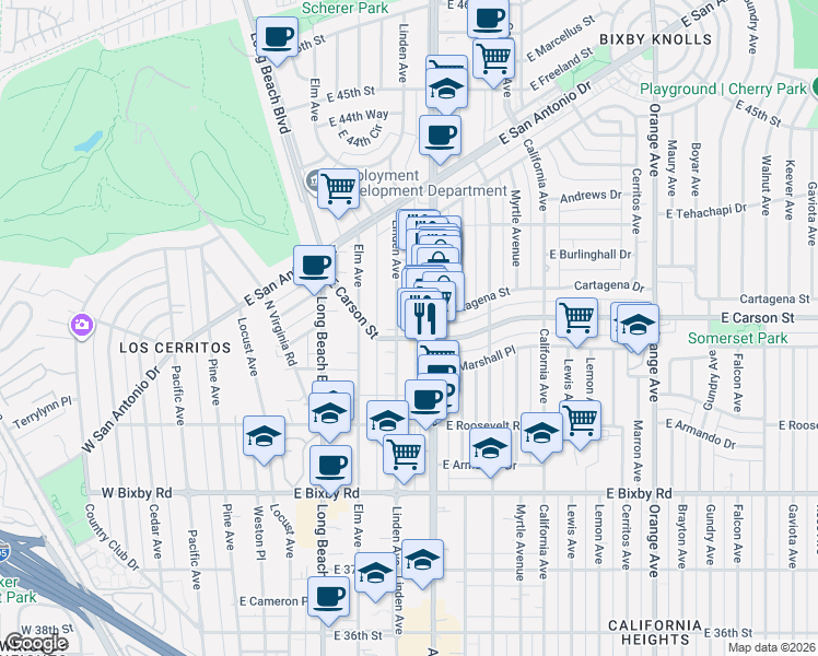map of restaurants, bars, coffee shops, grocery stores, and more near 4133 Linden Avenue in Long Beach