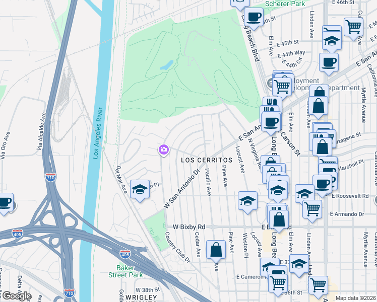 map of restaurants, bars, coffee shops, grocery stores, and more near 4214 Chestnut Avenue in Long Beach