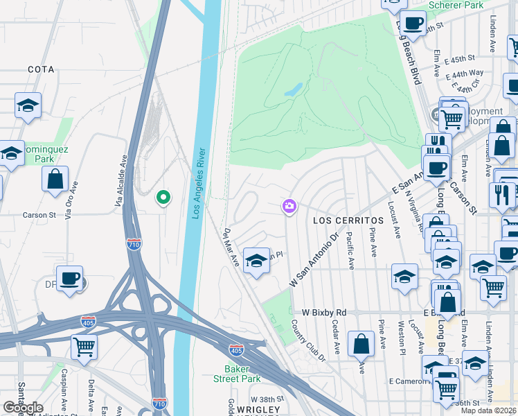 map of restaurants, bars, coffee shops, grocery stores, and more near 551 West Mesa Way in Long Beach