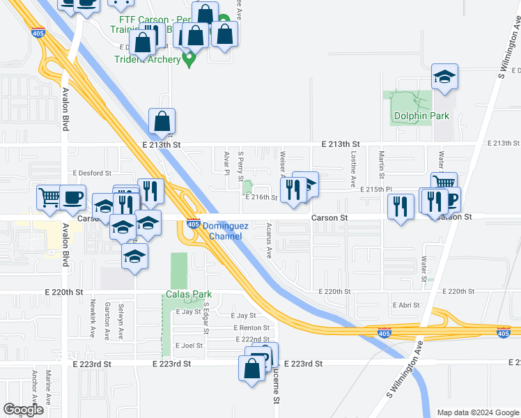 map of restaurants, bars, coffee shops, grocery stores, and more near 1249 East Carson Street in Carson