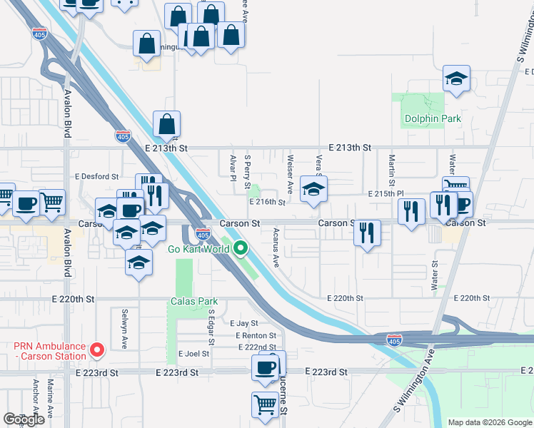 map of restaurants, bars, coffee shops, grocery stores, and more near 1249 East Carson Street in Carson