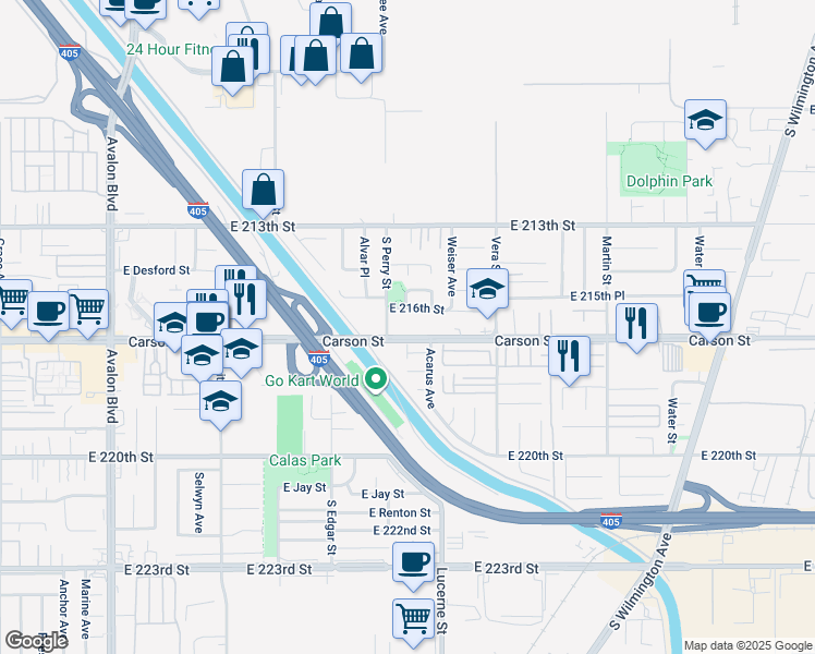 map of restaurants, bars, coffee shops, grocery stores, and more near 21610 South Perry Street in Carson