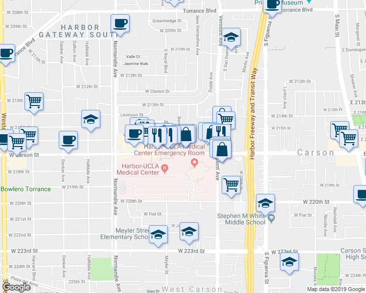map of restaurants, bars, coffee shops, grocery stores, and more near 1001 West Carson Street in Torrance