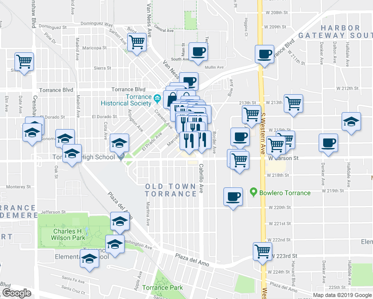 map of restaurants, bars, coffee shops, grocery stores, and more near 1628 Cravens Avenue in Torrance