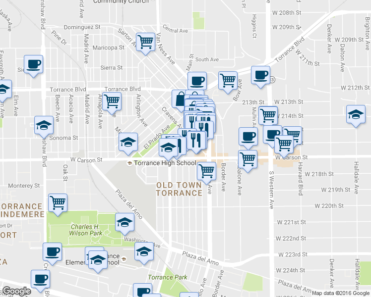 map of restaurants, bars, coffee shops, grocery stores, and more near 1520 Marcelina Avenue in Torrance