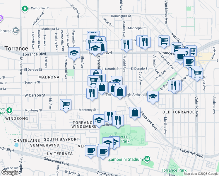 map of restaurants, bars, coffee shops, grocery stores, and more near 1613 Beech Avenue in Torrance