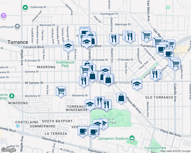map of restaurants, bars, coffee shops, grocery stores, and more near 1613 Beech Avenue in Torrance