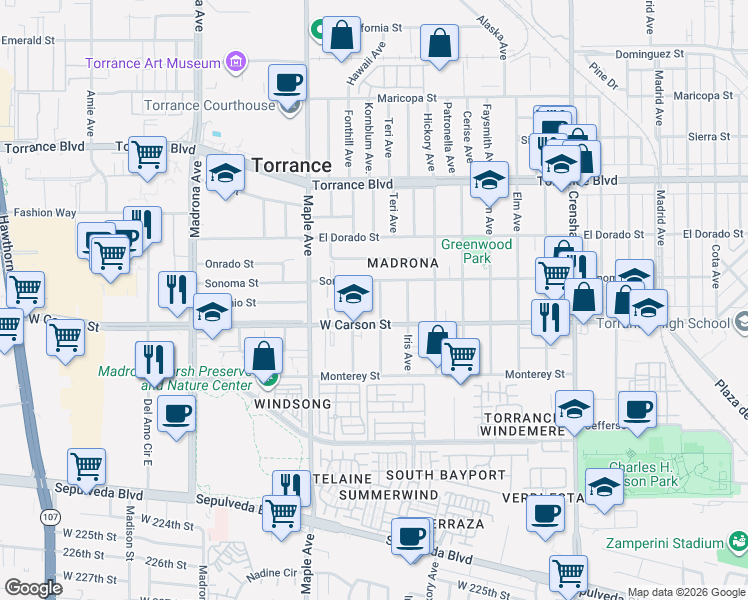map of restaurants, bars, coffee shops, grocery stores, and more near 1610 Juniper Avenue in Torrance