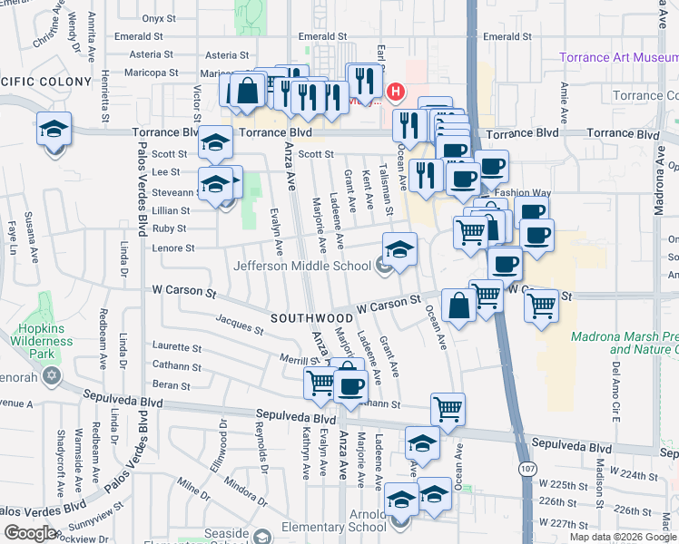 map of restaurants, bars, coffee shops, grocery stores, and more near 21606 Marjorie Avenue in Torrance