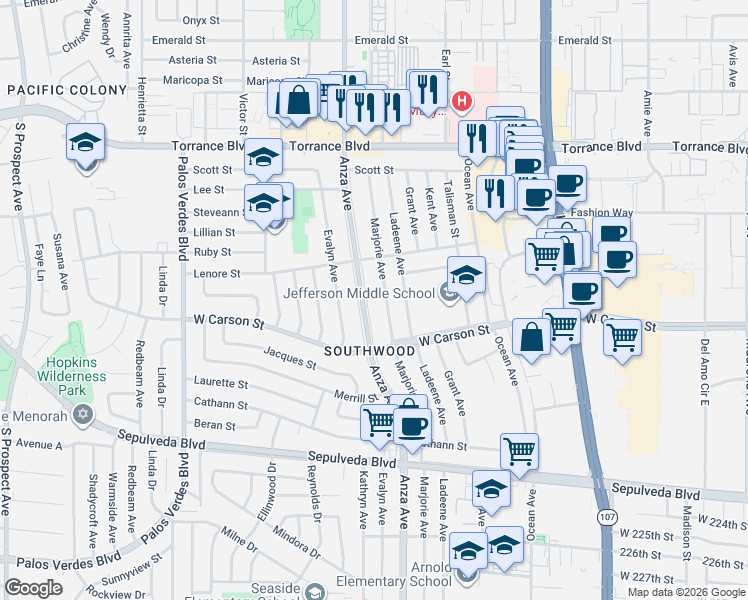 map of restaurants, bars, coffee shops, grocery stores, and more near 21606 Marjorie Avenue in Torrance