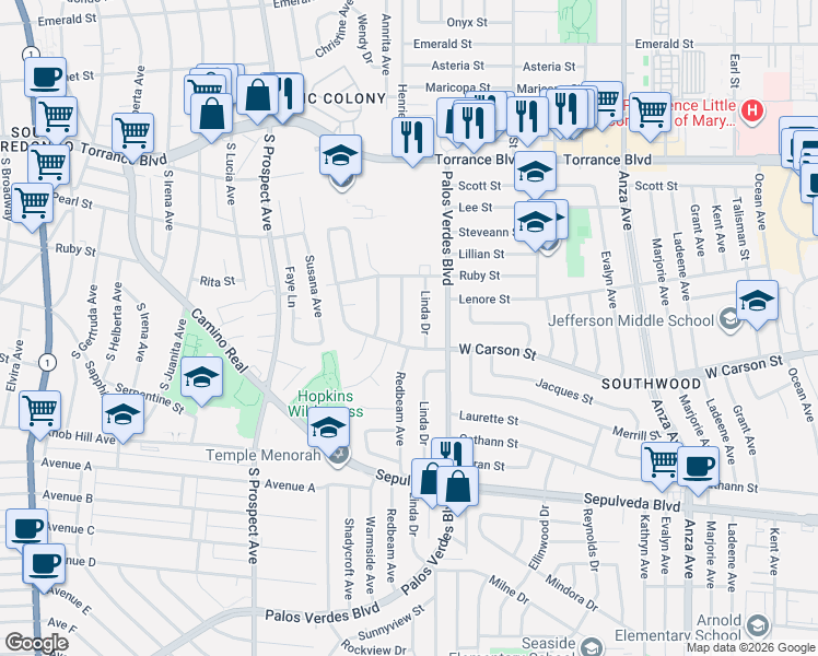 map of restaurants, bars, coffee shops, grocery stores, and more near 21610 Redbeam Avenue in Torrance