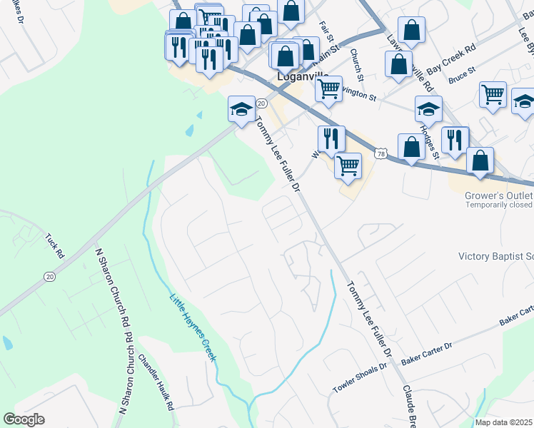 map of restaurants, bars, coffee shops, grocery stores, and more near 714 Village Lane in Loganville