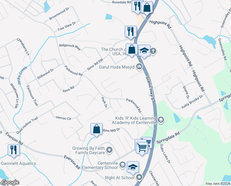 map of restaurants, bars, coffee shops, grocery stores, and more near 2989 Rusticwood Drive Southwest in Snellville