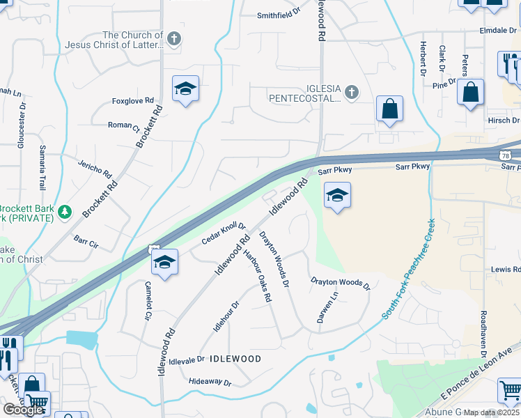 map of restaurants, bars, coffee shops, grocery stores, and more near 1712 Wiscasset Place in Tucker