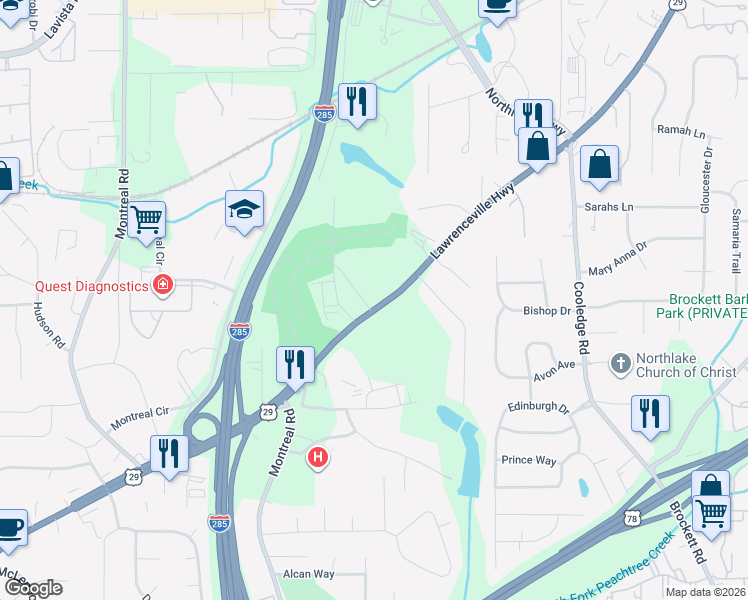 map of restaurants, bars, coffee shops, grocery stores, and more near 3112 Lawrenceville Highway in Tucker