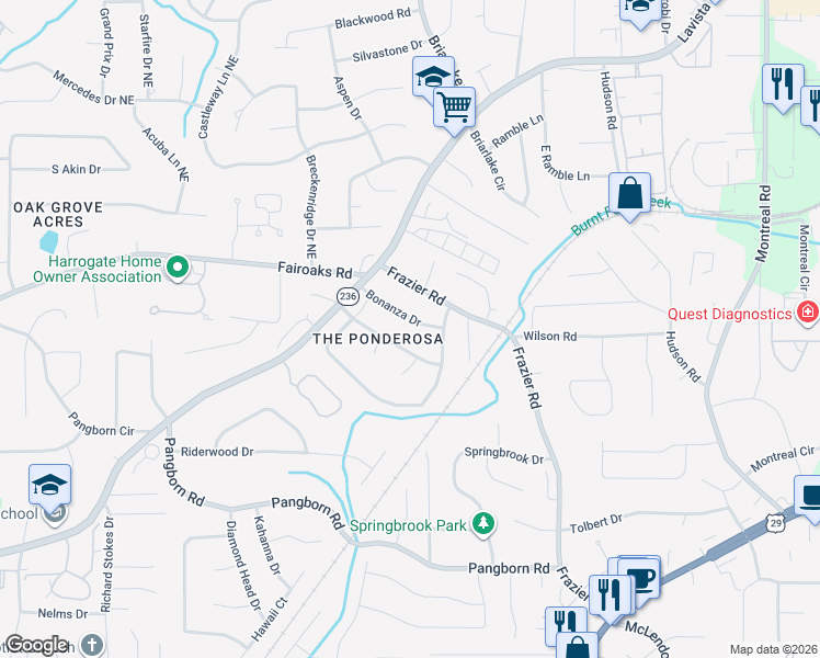 map of restaurants, bars, coffee shops, grocery stores, and more near 2906 Bonanza Drive in Decatur