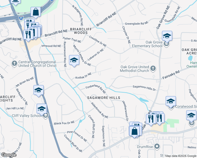 map of restaurants, bars, coffee shops, grocery stores, and more near 1732 Kodiak Circle in Atlanta