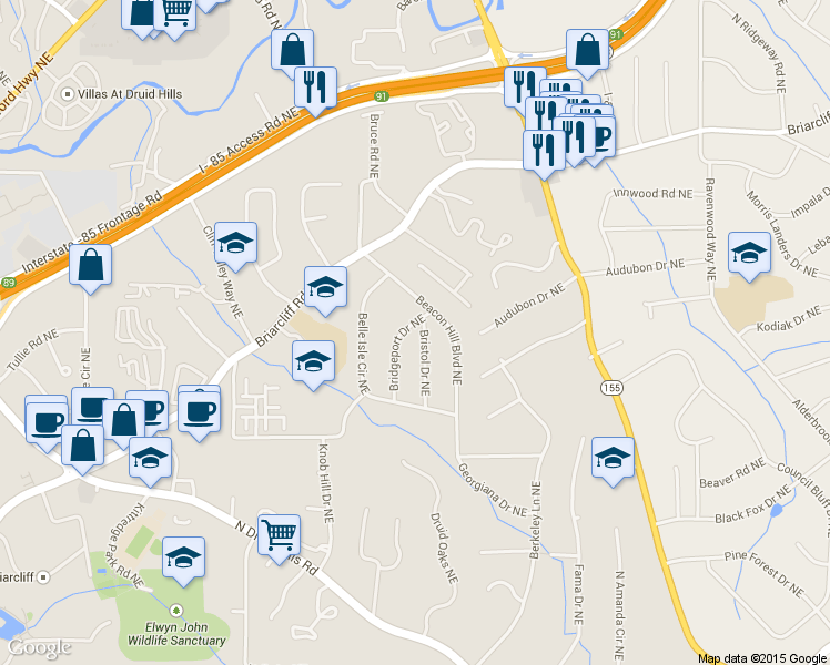 map of restaurants, bars, coffee shops, grocery stores, and more near 1752 Beacon Hill Boulevard Northeast in Atlanta
