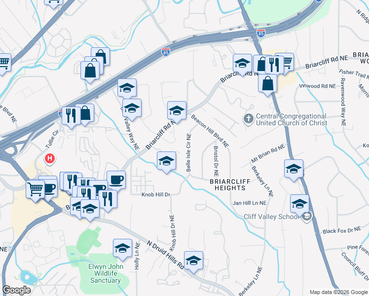 map of restaurants, bars, coffee shops, grocery stores, and more near 1730 Belle Isle Circle Northeast in Atlanta
