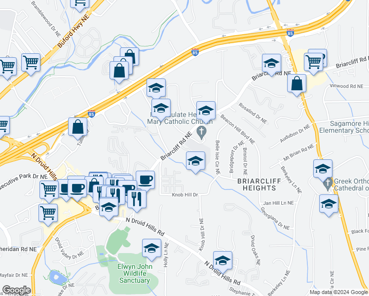 map of restaurants, bars, coffee shops, grocery stores, and more near 2785 Briarcliff Road Northeast in Atlanta